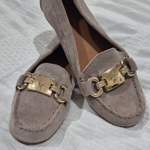 Kate Spade CARSON FLATS Suede Leather  Taupe, Beige, Gold Metalic  Accents 6.5